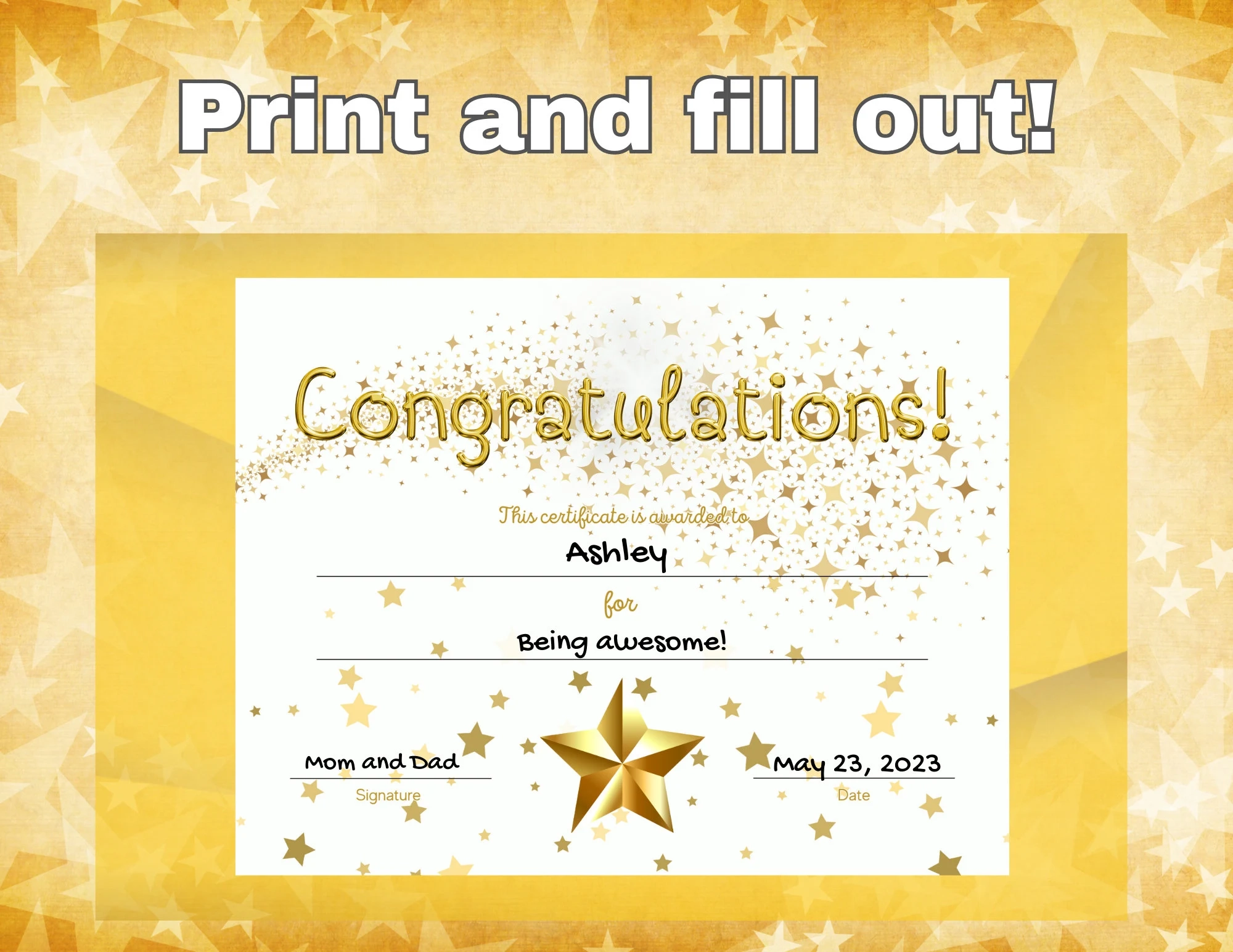Editable Printable Award Gold Star Certificate For Kids Teacher Student Child Children Award Certificate Printable Instant Download Etsy