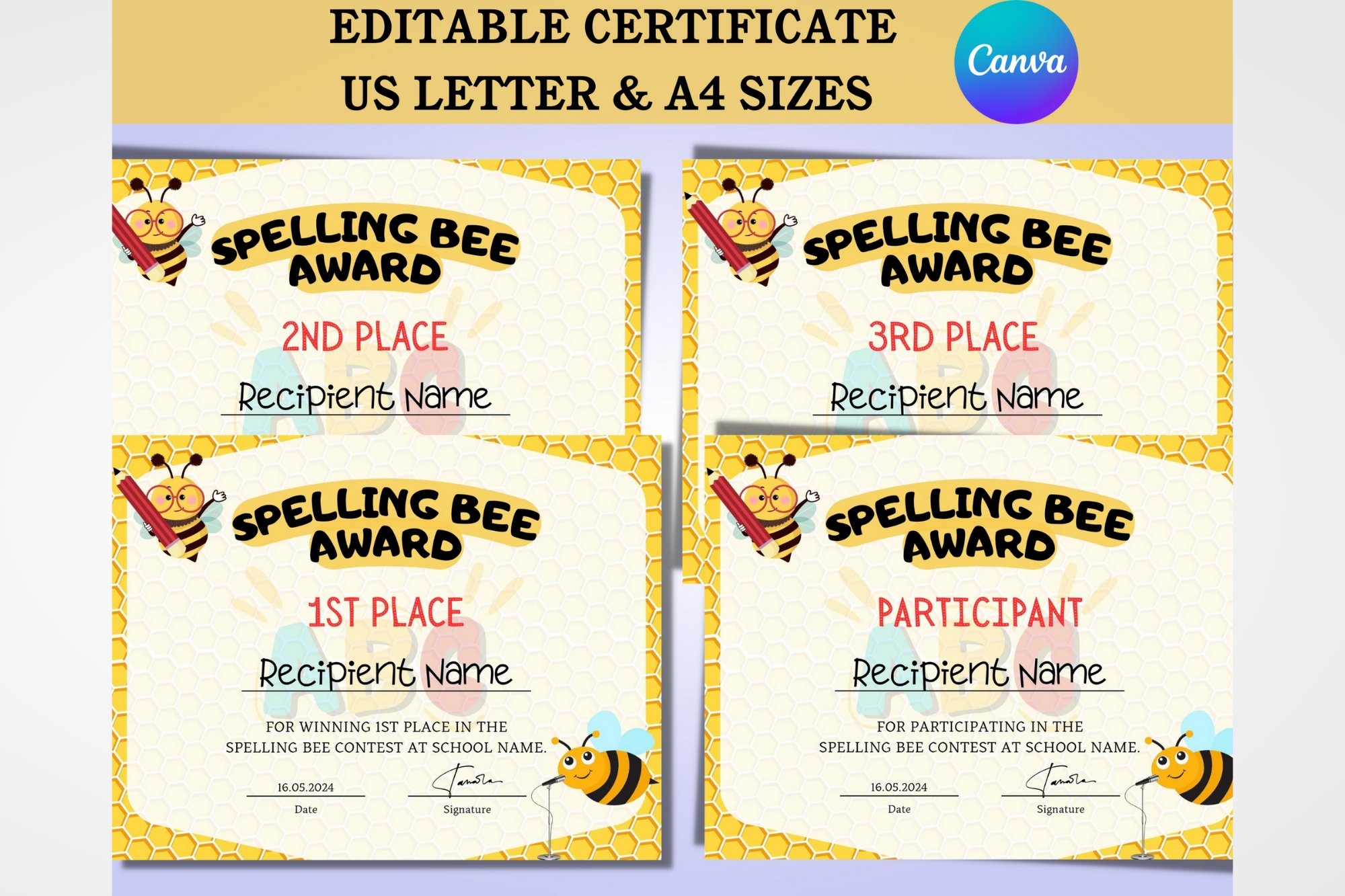 Editable Spelling Bee School Contest Certificate 2630877 