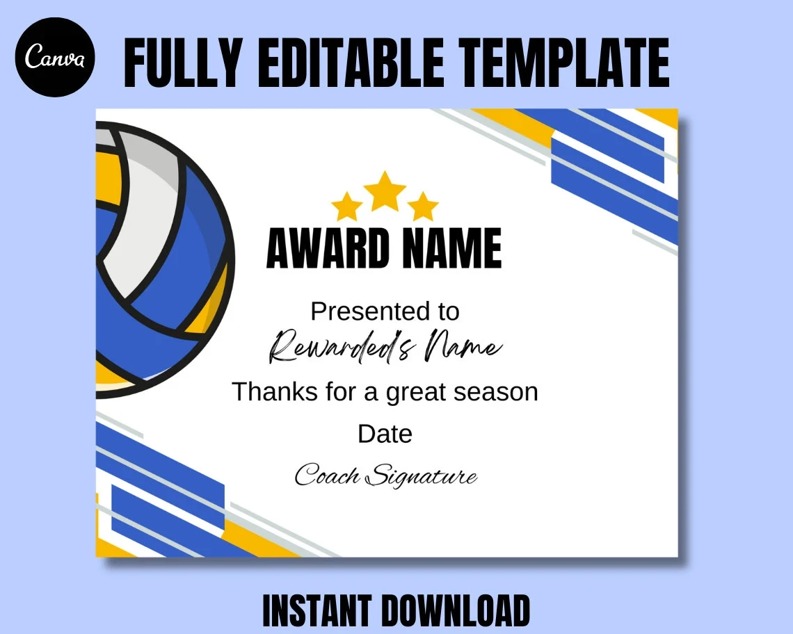 Editable Volleyball Certificate Award Canva Template printable Volleyball End Of Season Award Ceremony Awards participation Volleyball Award Etsy