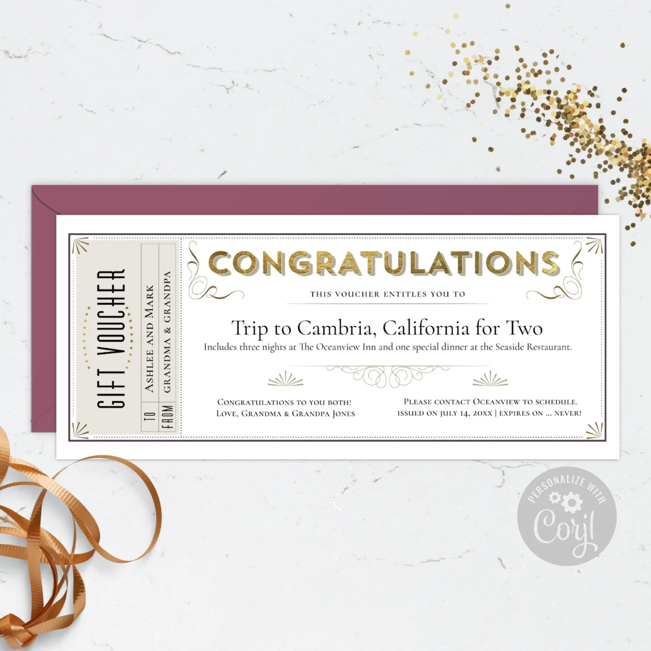 Elegant Congratulations Gift Certificate Template For Graduation Wedding Anniversary Promotion Editable DIY Gift Ticket Voucher CORJL Etsy