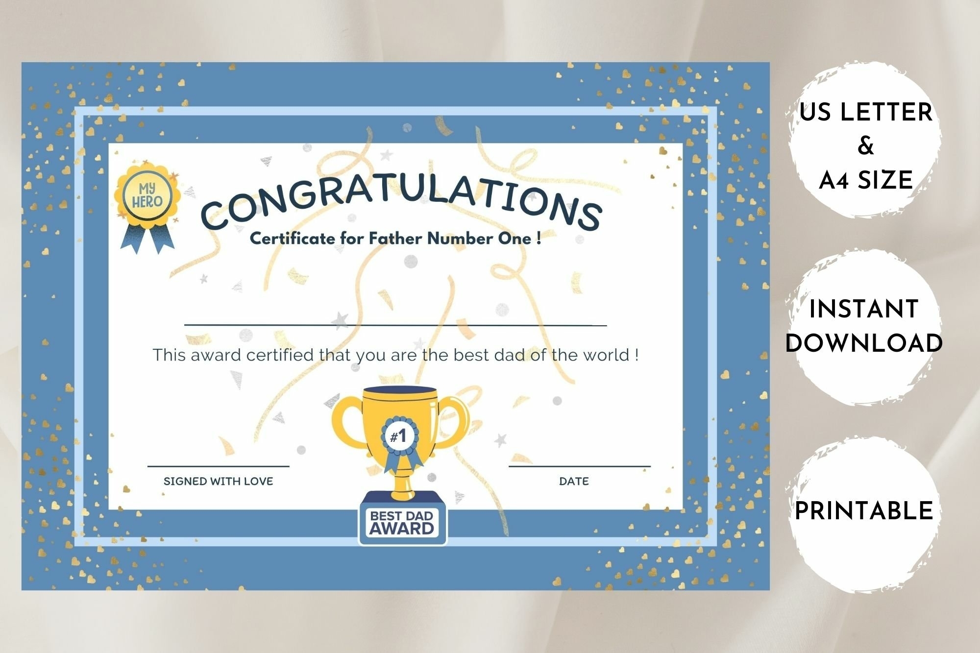 Fathers Day Certificate Best Dad In The World Gift Printable Fathers Day Certificate Best Dad In The World Gift Printable