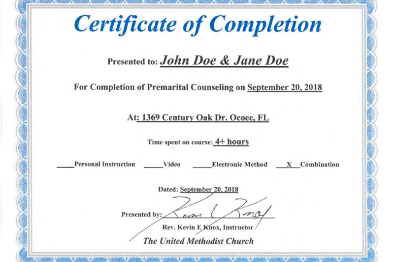 Free Printable Premarital Counseling Certificate