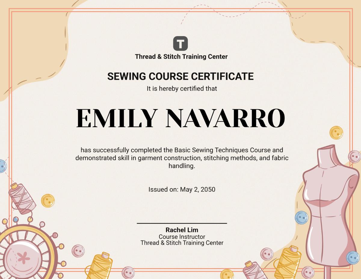 Free Colorful Sewing Course Certificate Template To Edit Online