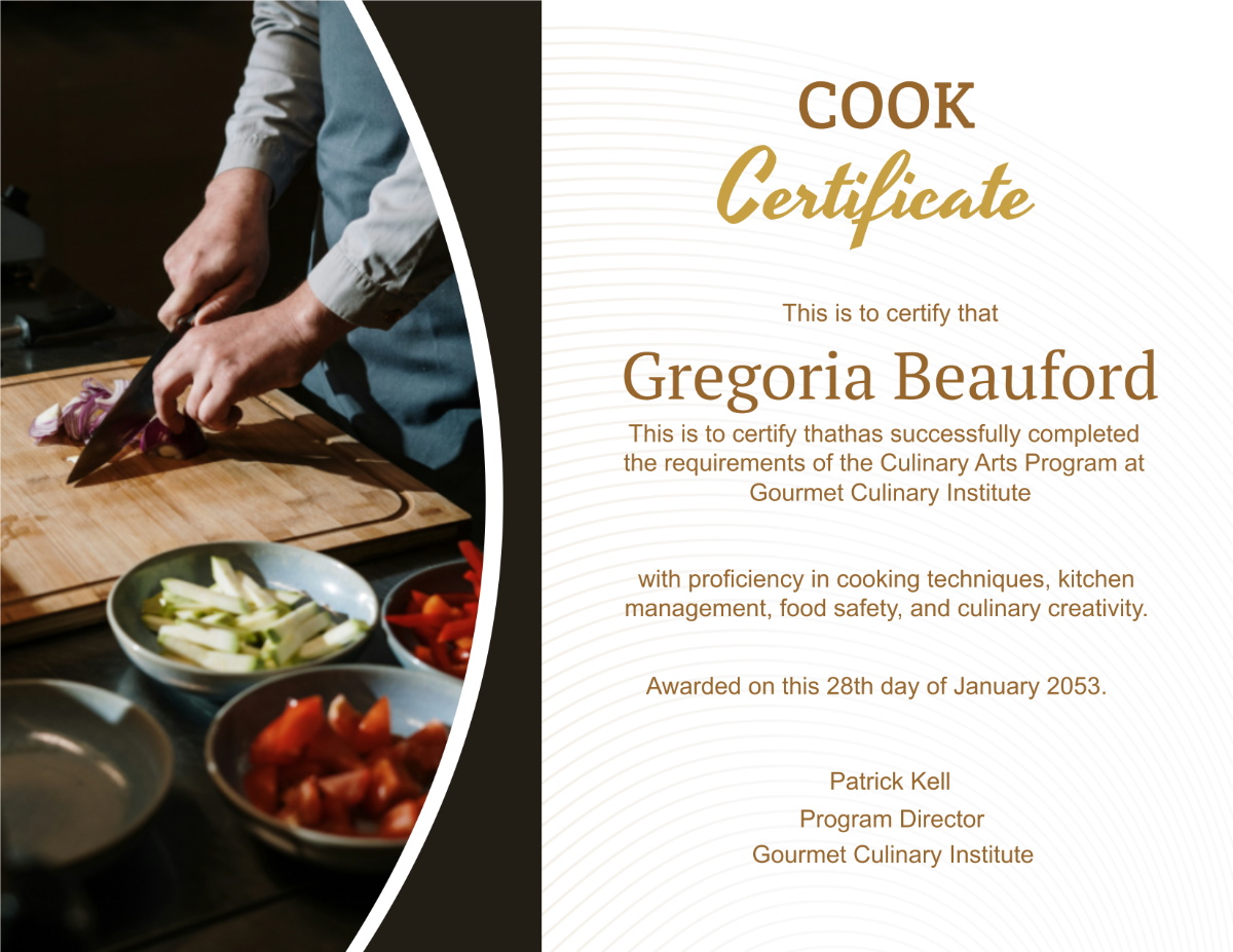 Free Cook Certificate Template To Edit Online