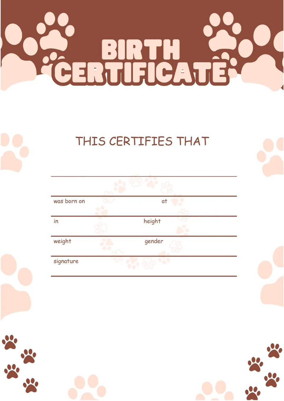 Downloadable Printable Puppy Birth Certificate