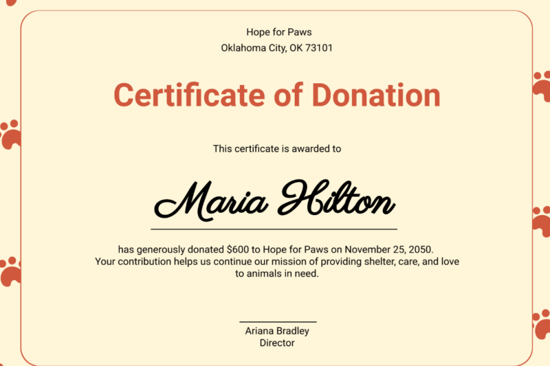 Printable Certificate For Humane Society Donation