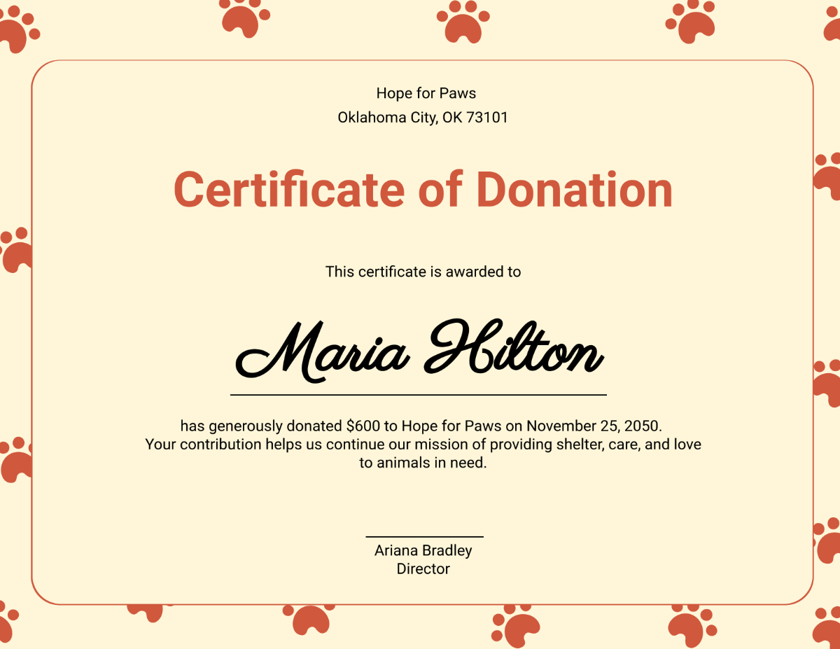 Free Donation Certificate For Animal Shelter Template To Edit Online