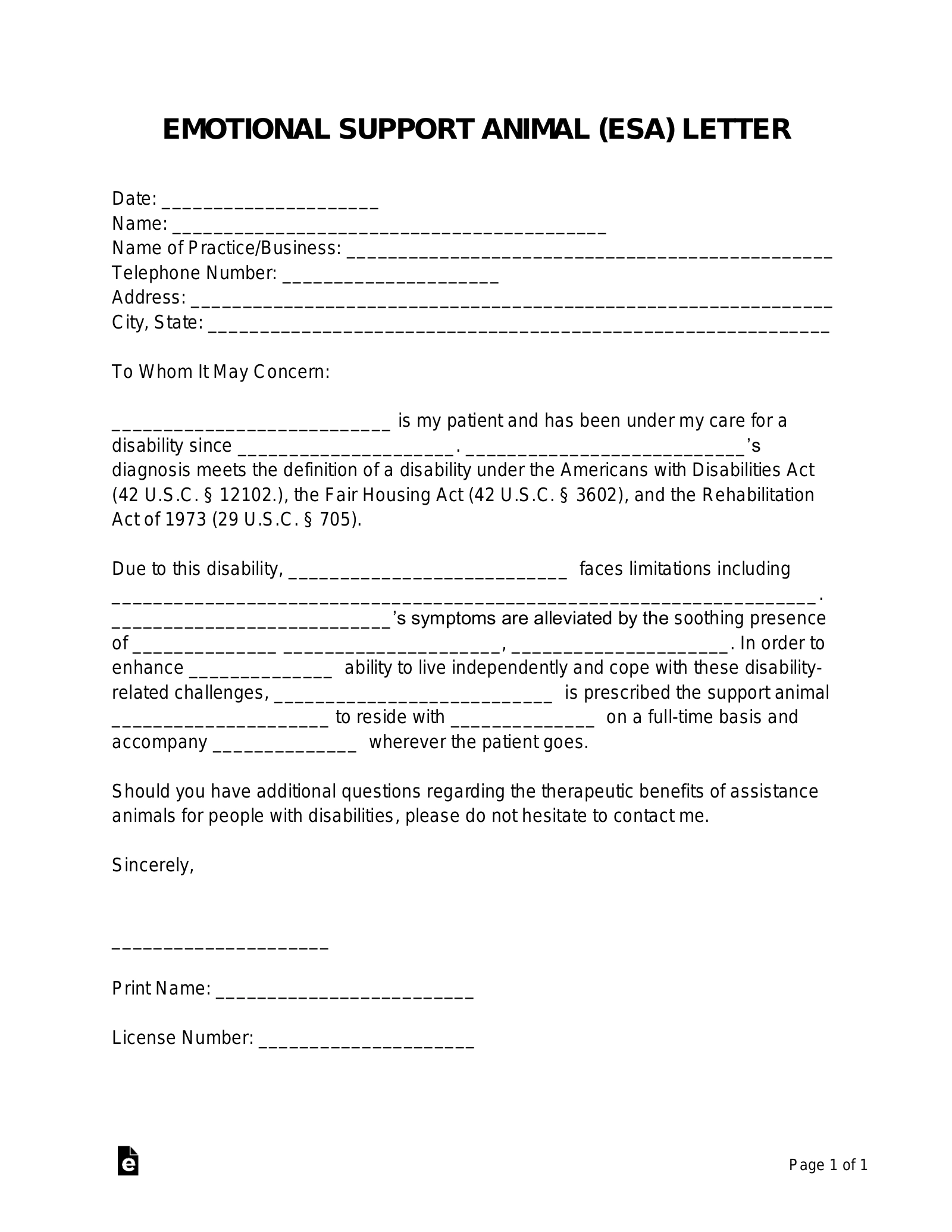 Free Emotional Support Animal ESA Letter Template PDF Word EForms Free Emotional Support Animal ESA Letter Template PDF Word EForms