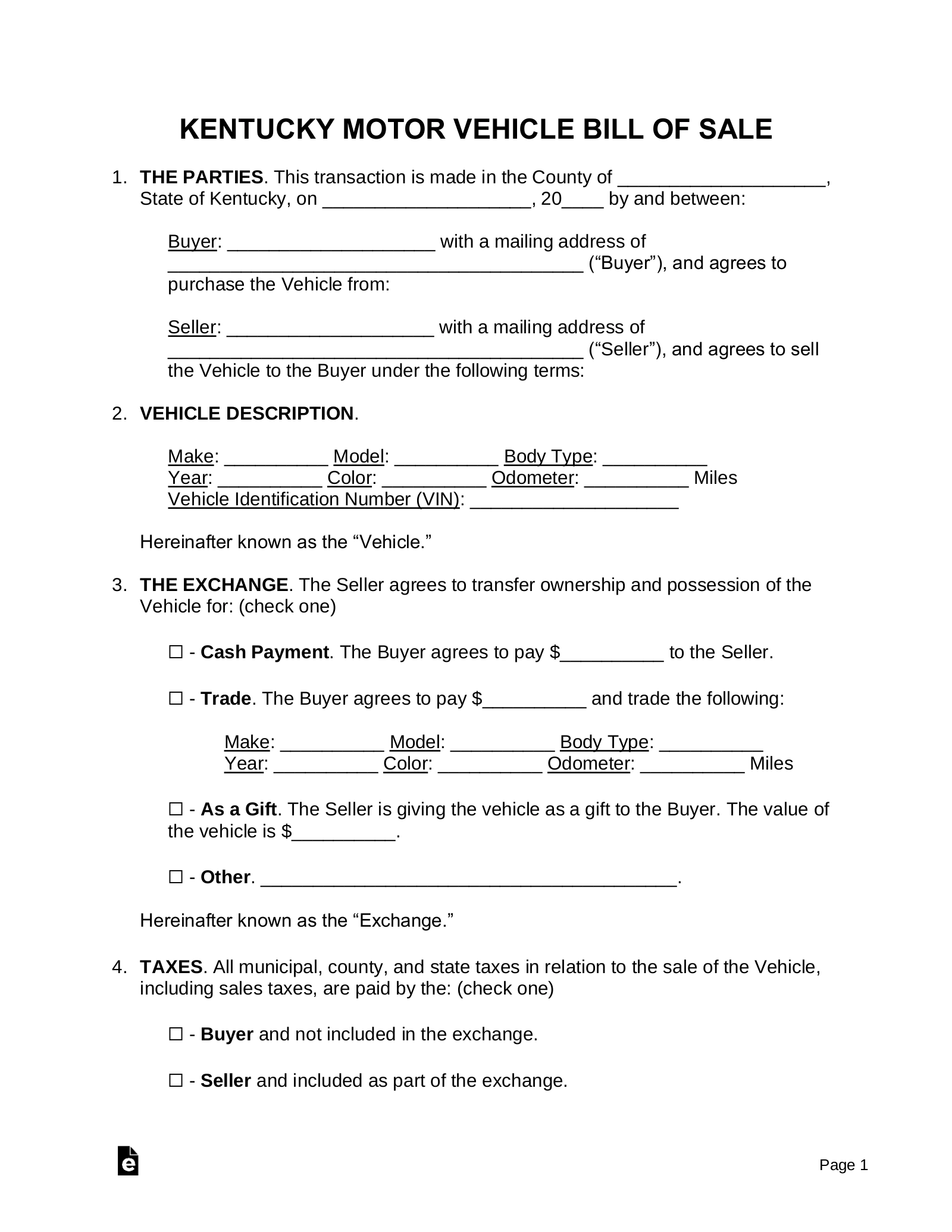 Free Kentucky Motor Vehicle Bill Of Sale Form PDF Word EForms