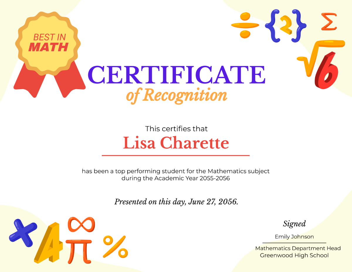 Free Mathematics Achievement Certificate Template To Edit Online