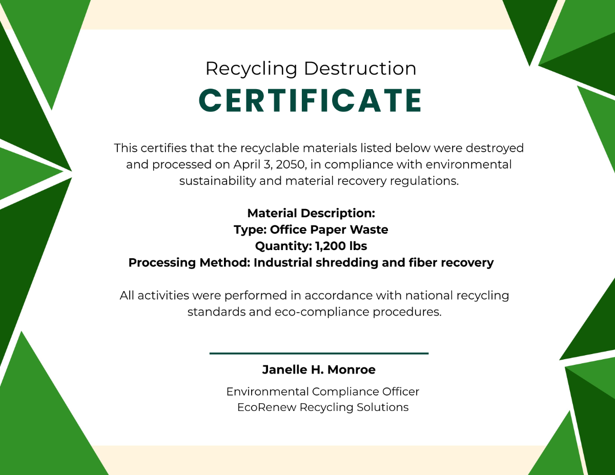 Free Modern Recycling Destruction Certificate Template To Edit Online