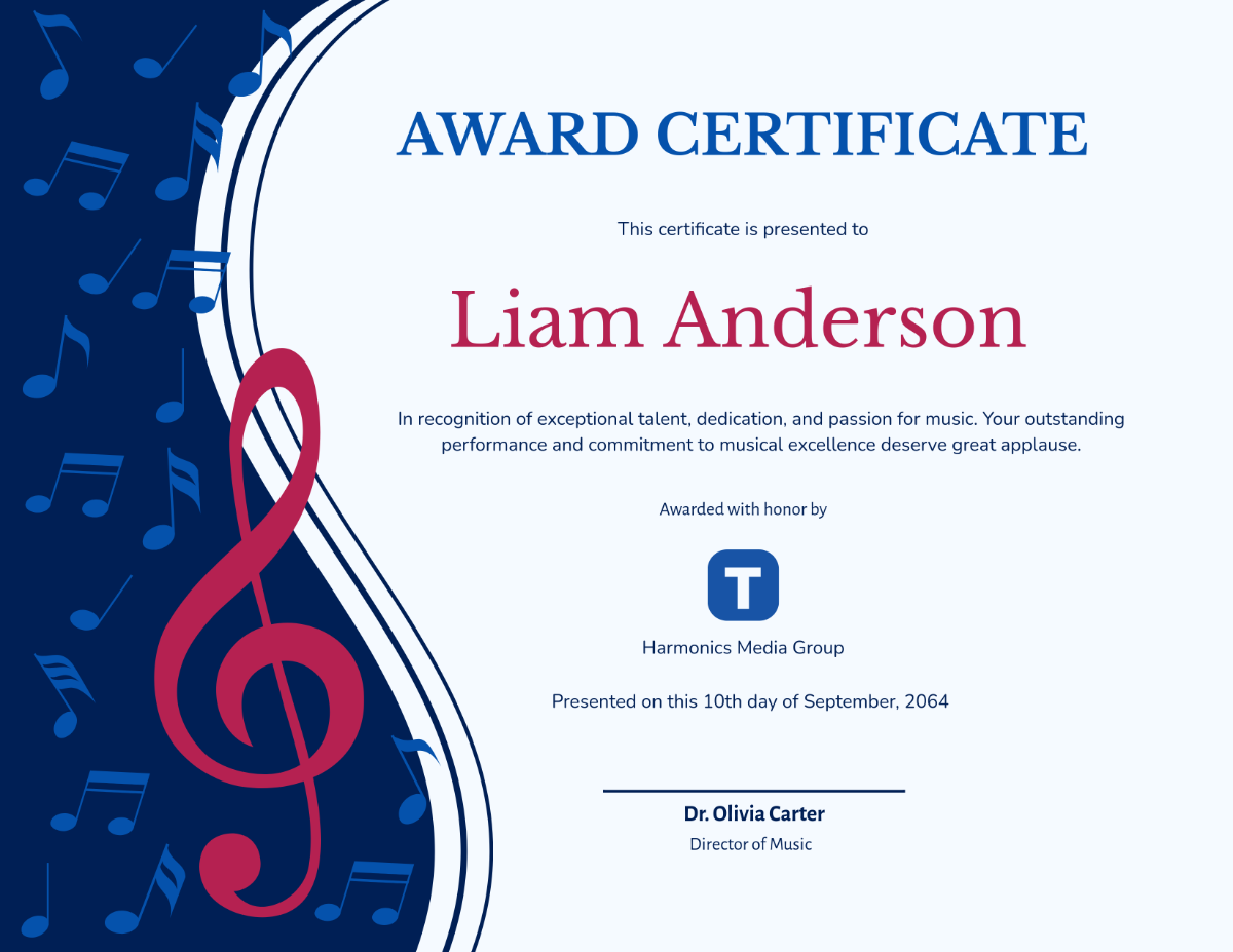 Music Award Certificate Printable