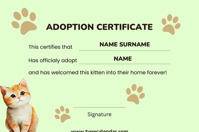 Free Fillable Printable Cat Adoption Certificate