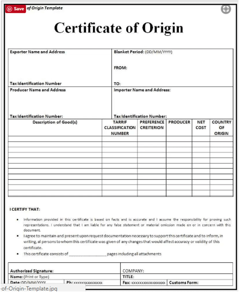Printable Certificate Of Origin Nafta