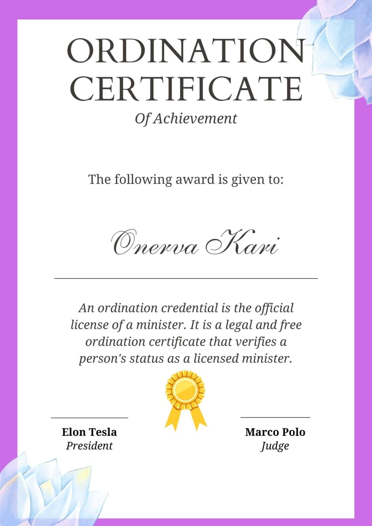 Free Printable Ordination Certificate Templates Minister Deacon Word PDF