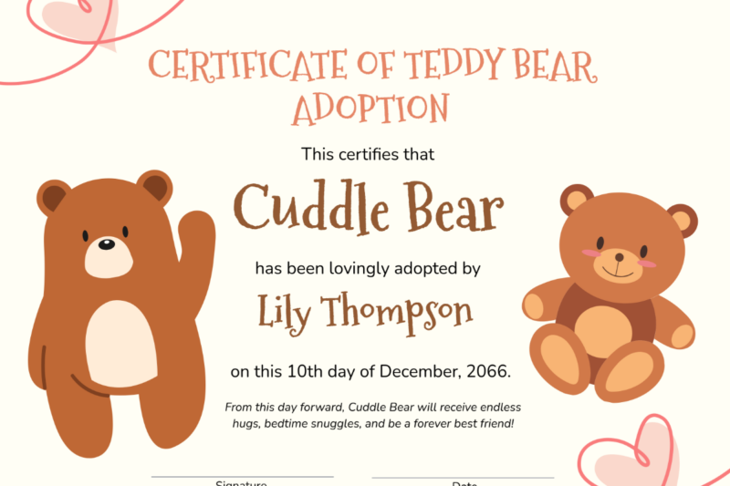 Teddy Bear Adoption Certificate Printable Free