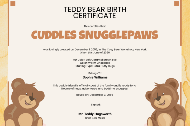 Printable Birth Certificates For Teddy Bears