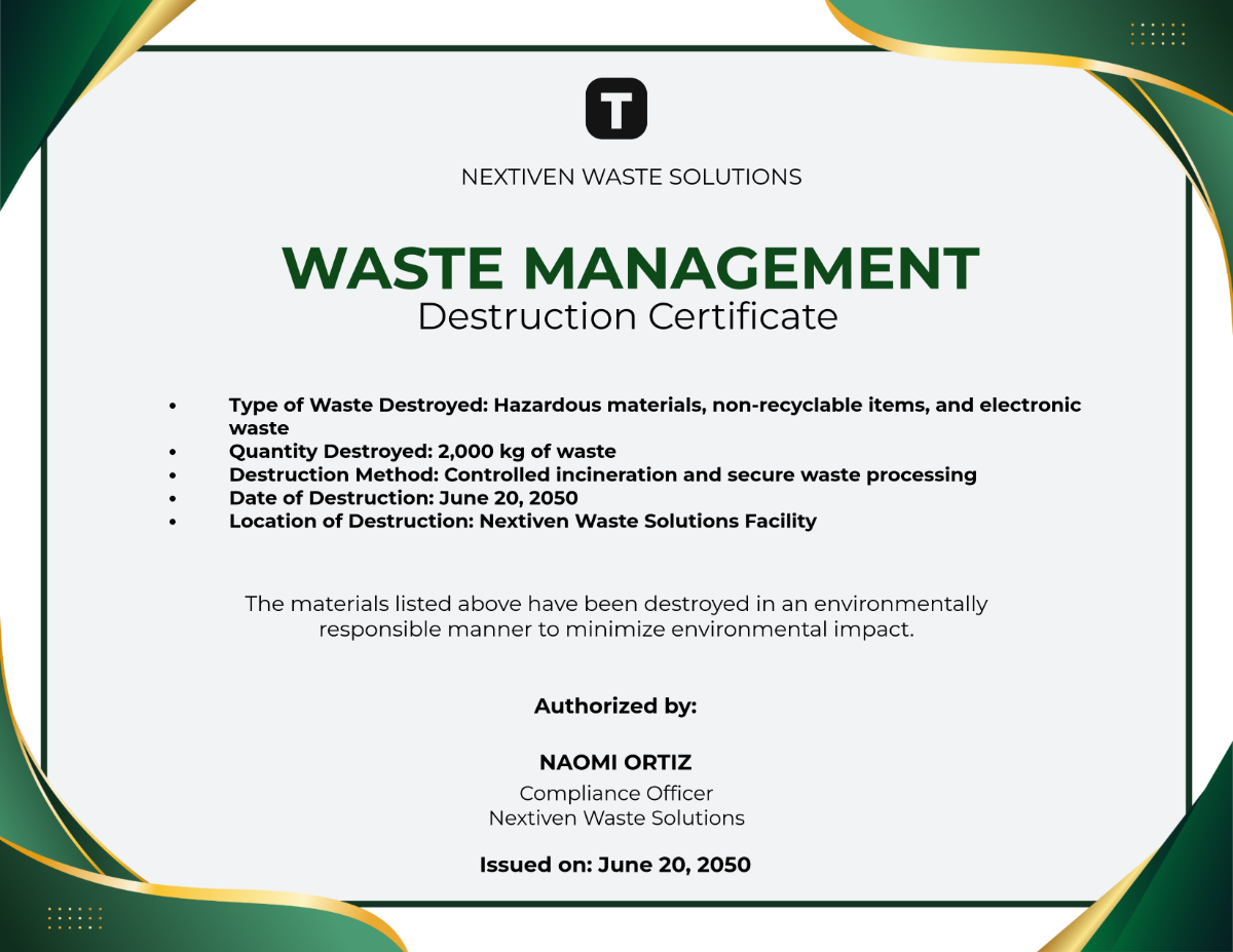 Free Waste Management Destruction Certificate Template To Edit Online Free Waste Management Destruction Certificate Template To Edit Online