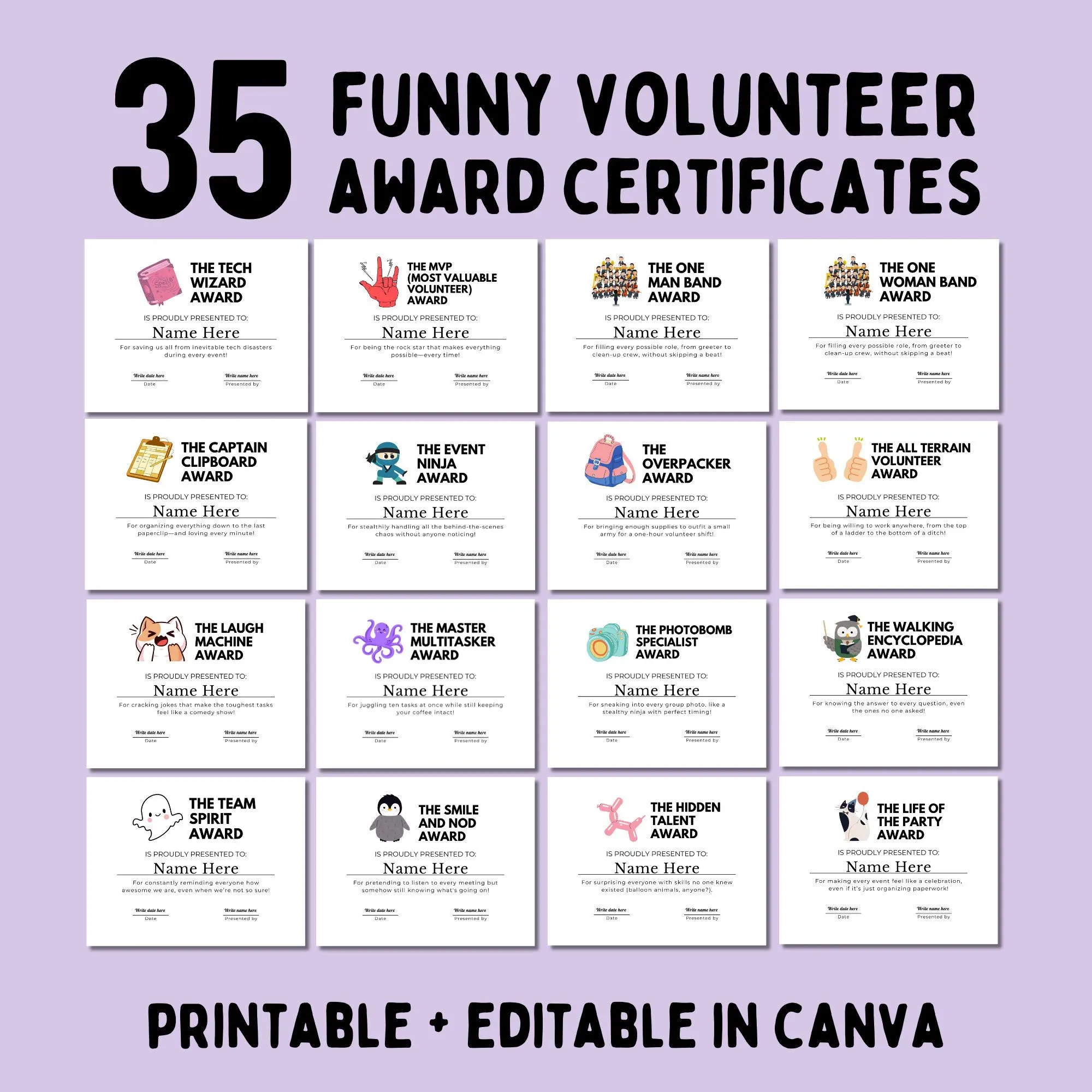 Funny Volunteer Appreciation Awards Editable In Canva Printable Recognition Certificates Funny Printable Gift For Volunteers Personalized Etsy