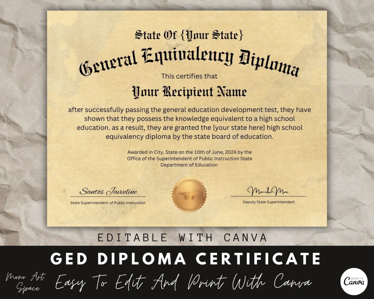 GED Diploma Certificate Template Editable Certificate Canva Template Diploma Certificate School Equivalency Diploma Instant Download Etsy
