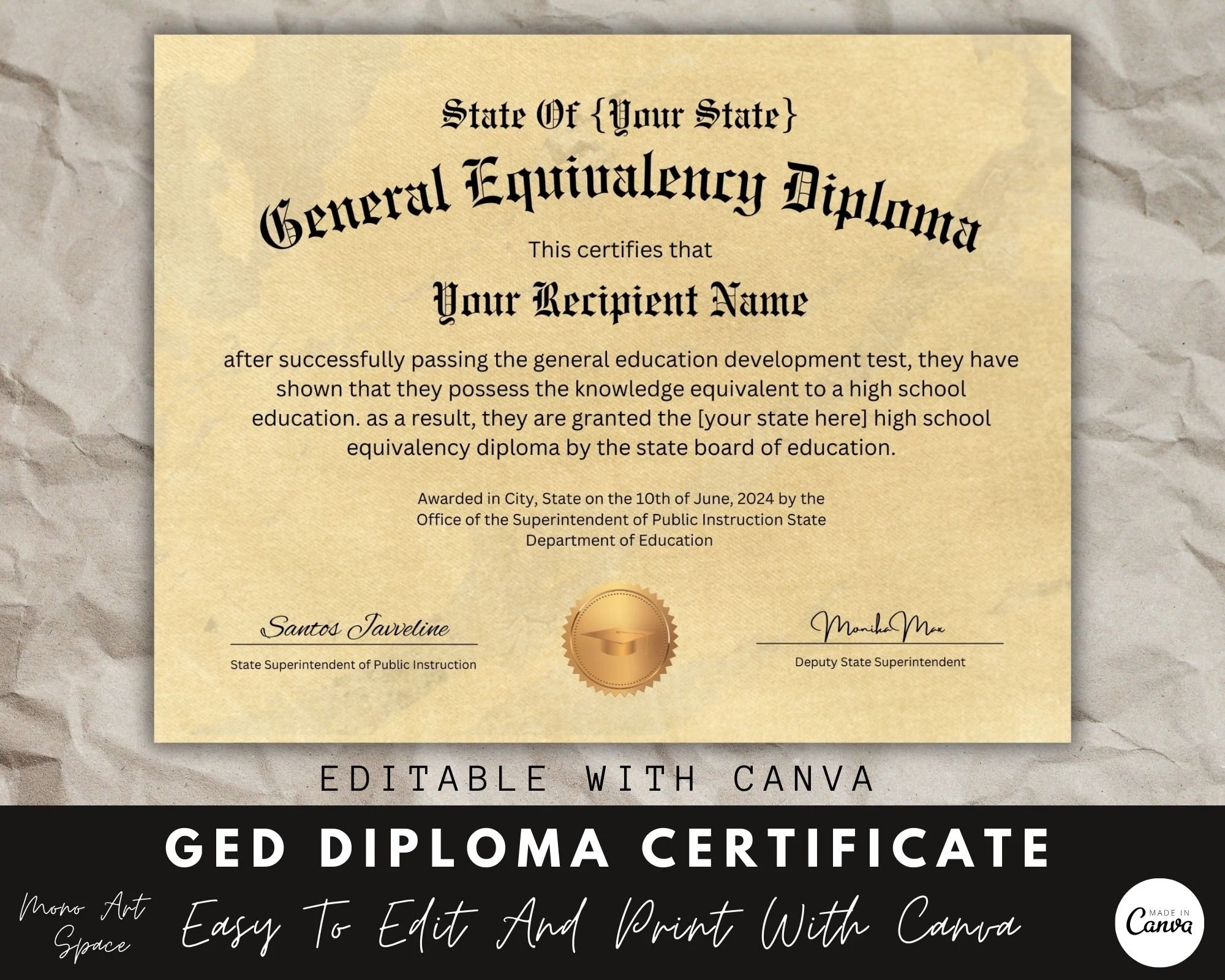 GED Diploma Certificate Template Editable Certificate Canva Template Diploma Certificate School Equivalency Diploma Instant Download Etsy
