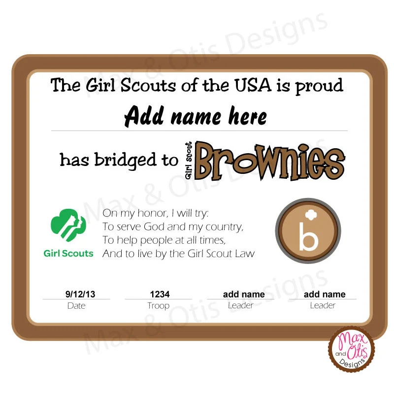 Girl Scout Brownie Printable Bridging Certificate editable PDF Max Otis Designs