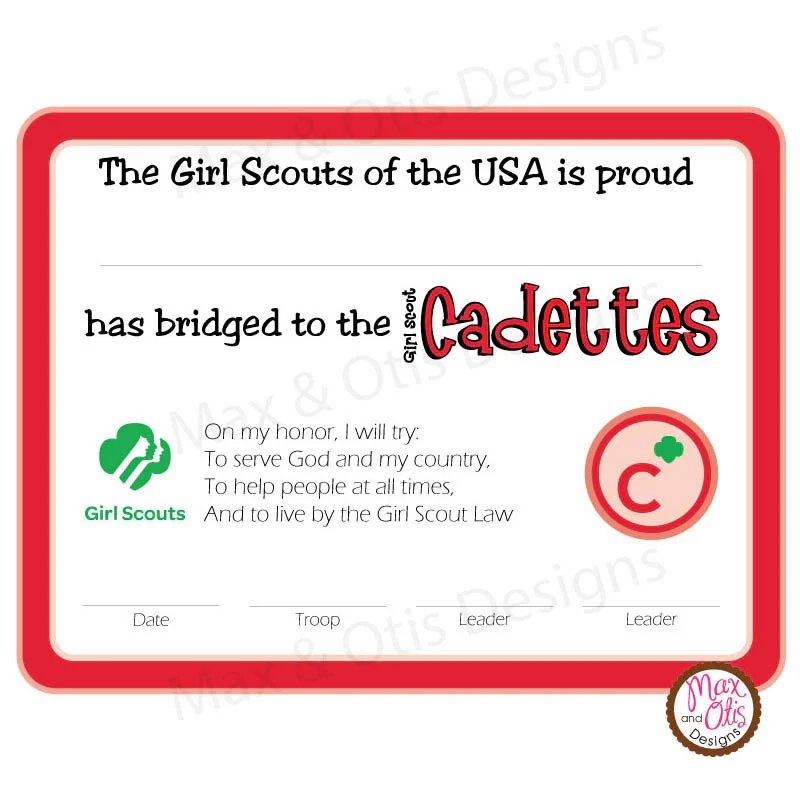 Girl Scout Cadette Printable Bridging Certificate editable PDF Max Otis Designs