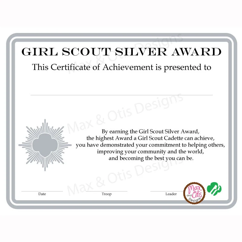 Girl Scout Cadette Printable Silver Award Certificate editable PDF Max Otis Designs Girl Scout Cadette Printable Silver Award Certificate editable PDF Max Otis Designs