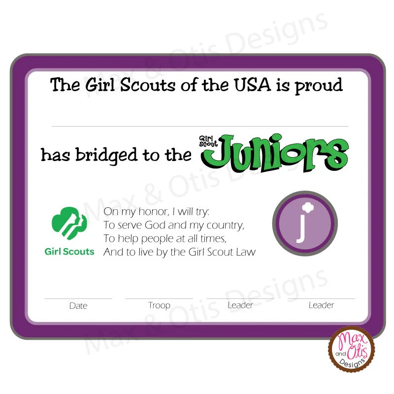 Girl Scout Junior Printable Bridging Certificate editable PDF Max Otis Designs