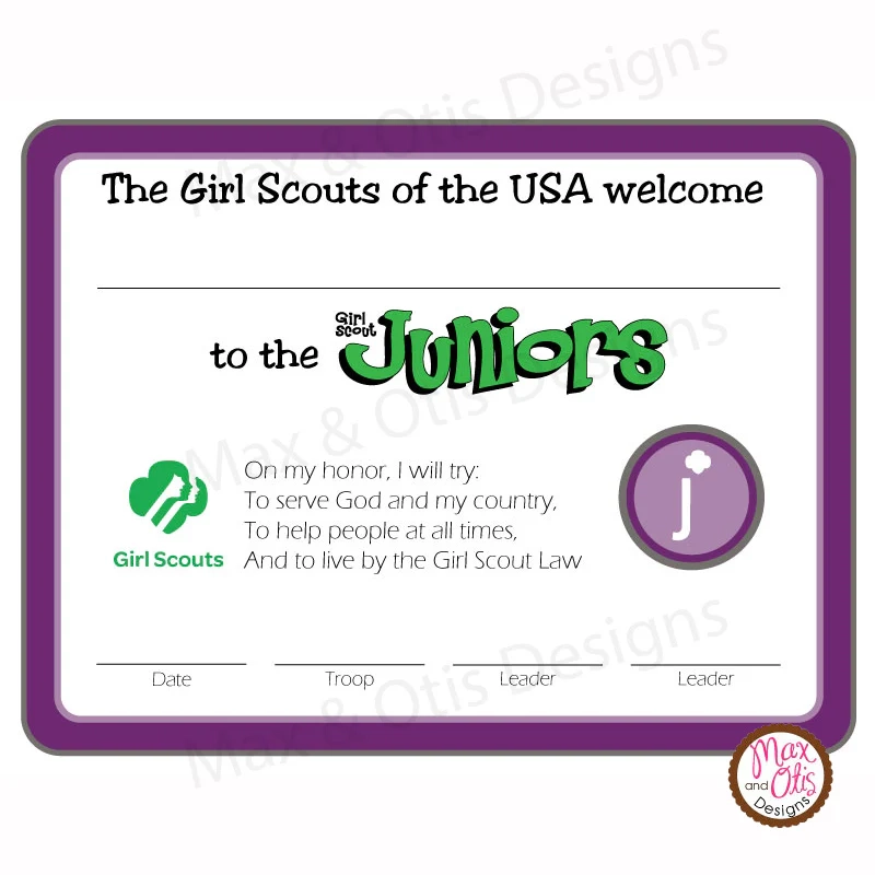 Girl Scout Junior Printable Investiture Certificate editable PDF Max Otis Designs Girl Scout Junior Printable Investiture Certificate editable PDF Max Otis Designs