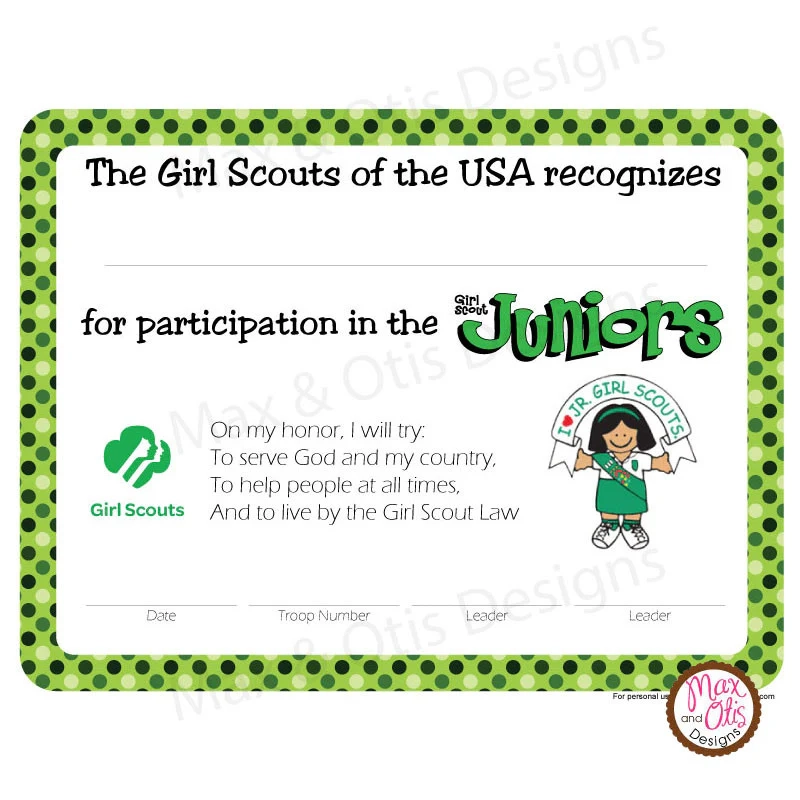 Girl Scout Junior Printable Participation Certificate editable PDF Max Otis Designs