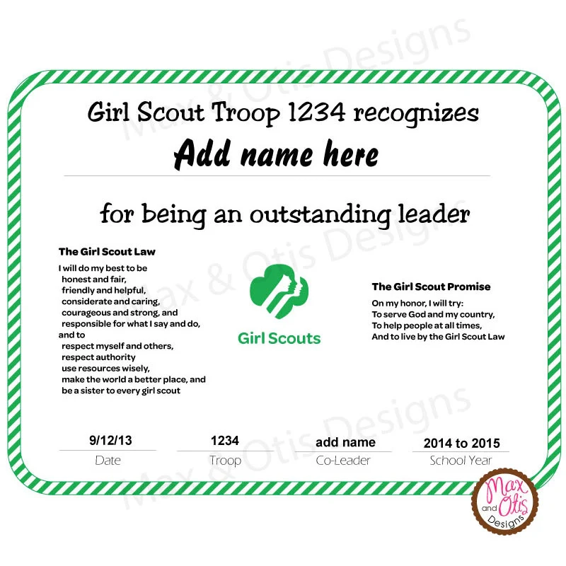 Girl Scout Printable Certificate editable PDF Max Otis Designs