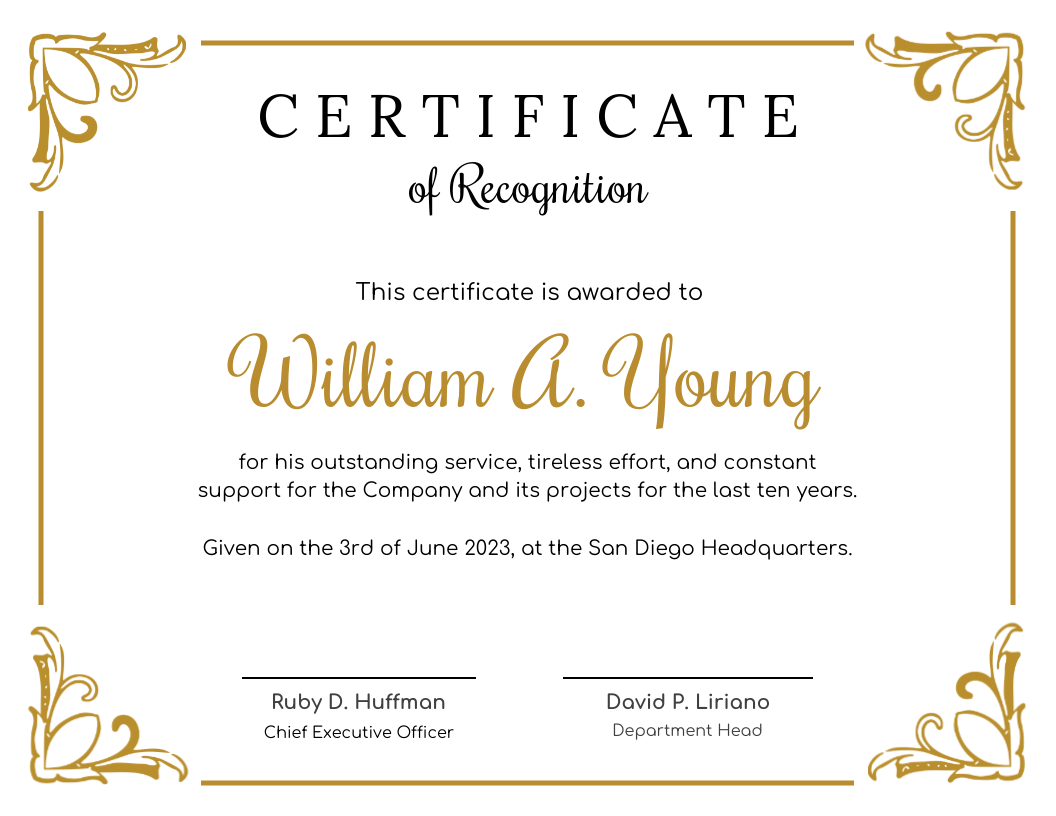 Golden Certificate Of Recognition Template Venngage Golden Certificate Of Recognition Template Venngage