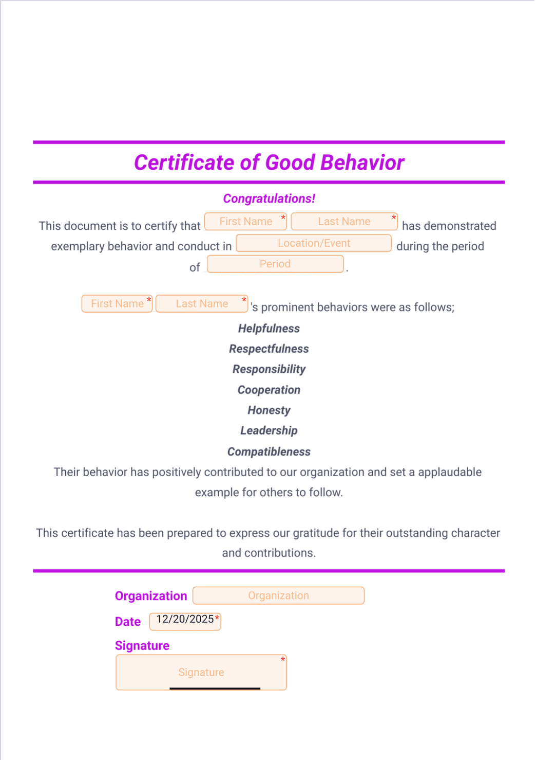 Good Behavior Certificate Printable Good Behavior Certificate Printable