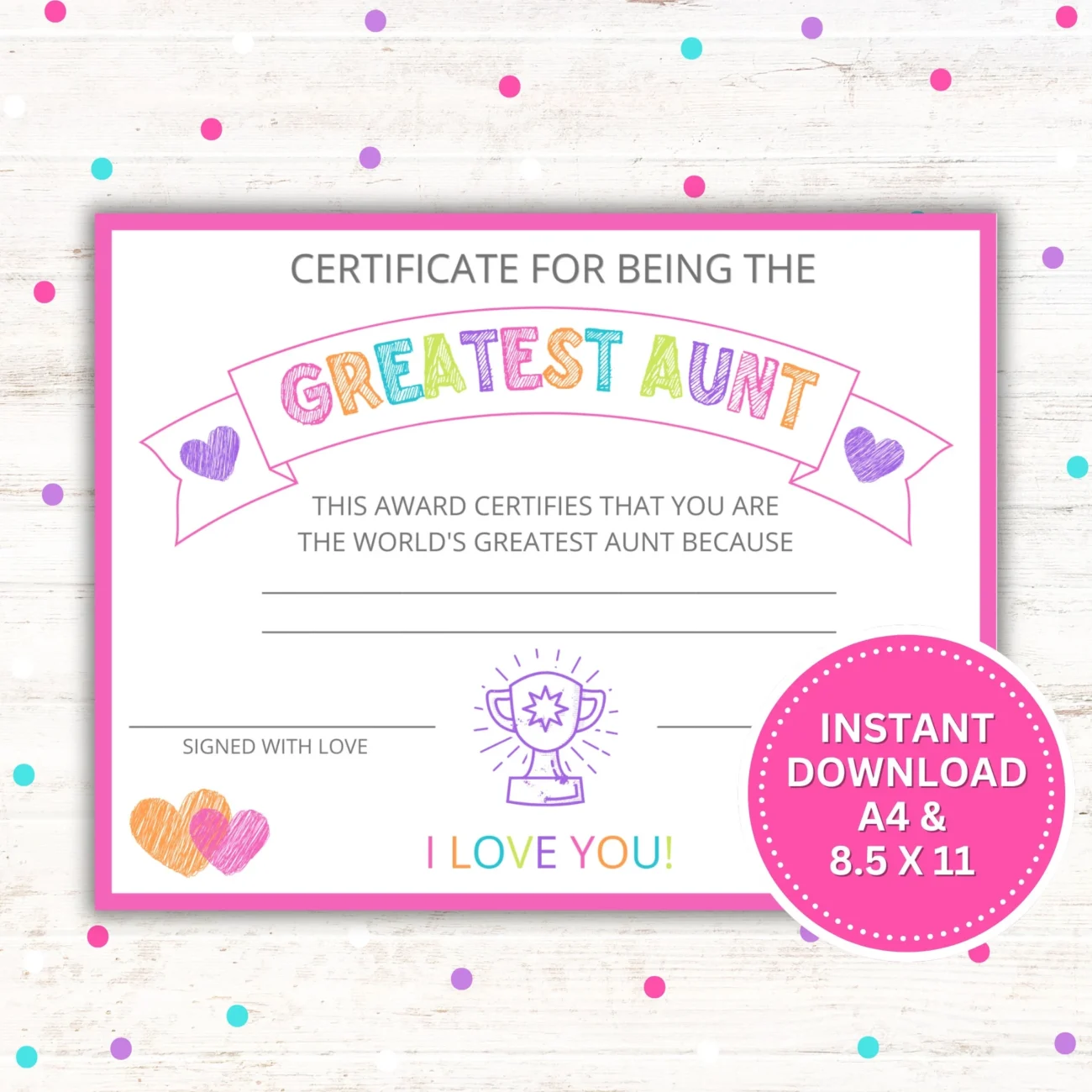 Greatest Aunt Certificate Printable Mother s Day Gift Birthday Gift Instant Download PDF And JPG Etsy