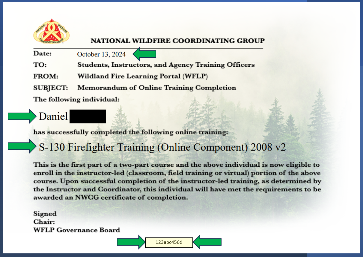 How To View Your S 130 Firefighter Training Online Component Memo Of Completion Wildland Fire Learning Portal Help Center