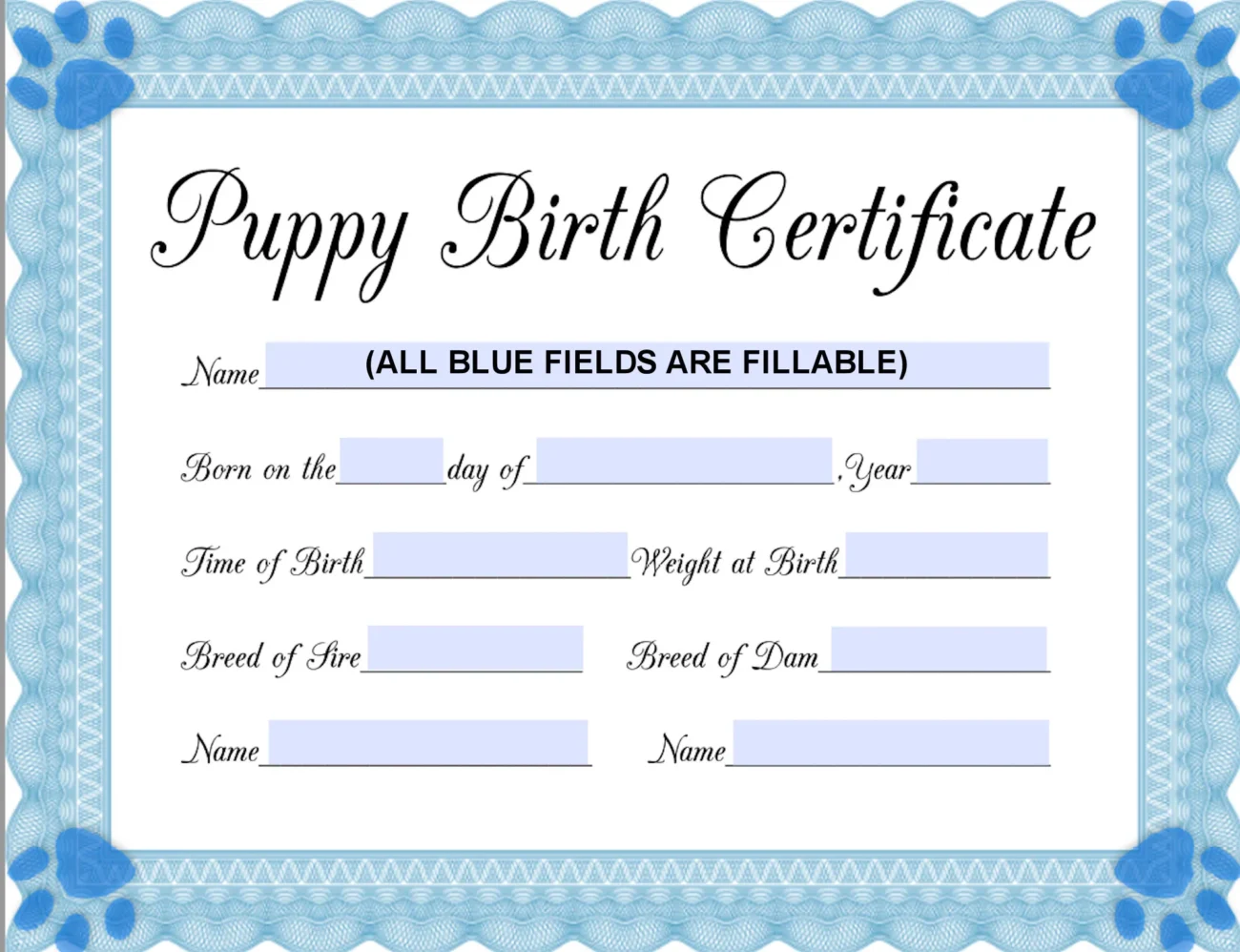 INSTANT Fillable Printable PDF Puppy Birth Certificate blue male Printable 8 5x11 4950px3825px450dpi Jpg BOTH Included Etsy