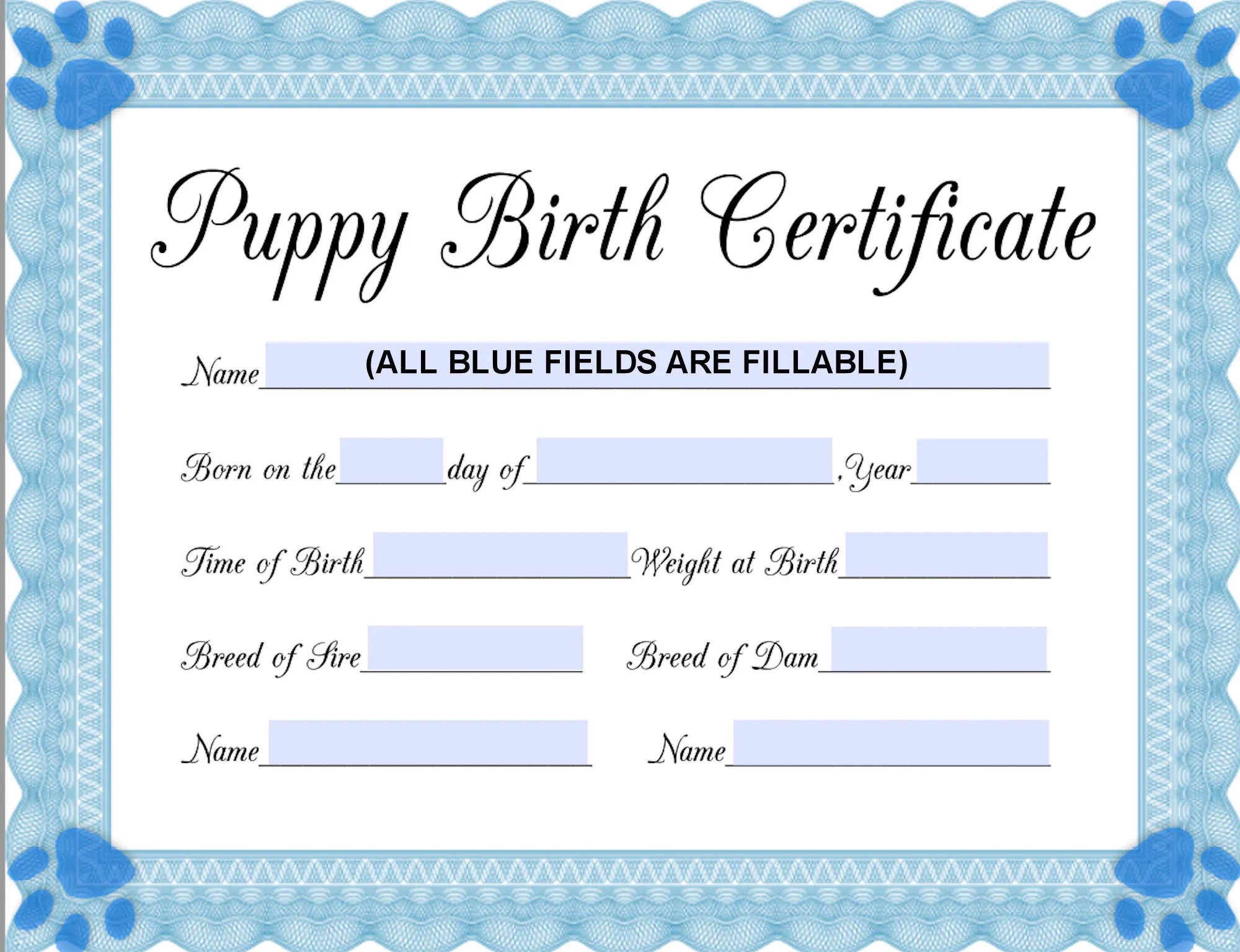 INSTANT Fillable Printable PDF Puppy Birth Certificate blue male Printable 8 5x11 4950px3825px450dpi Jpg BOTH Included Etsy INSTANT Fillable Printable PDF Puppy Birth Certificate blue male Printable 8 5x11 4950px3825px450dpi Jpg BOTH Included Etsy