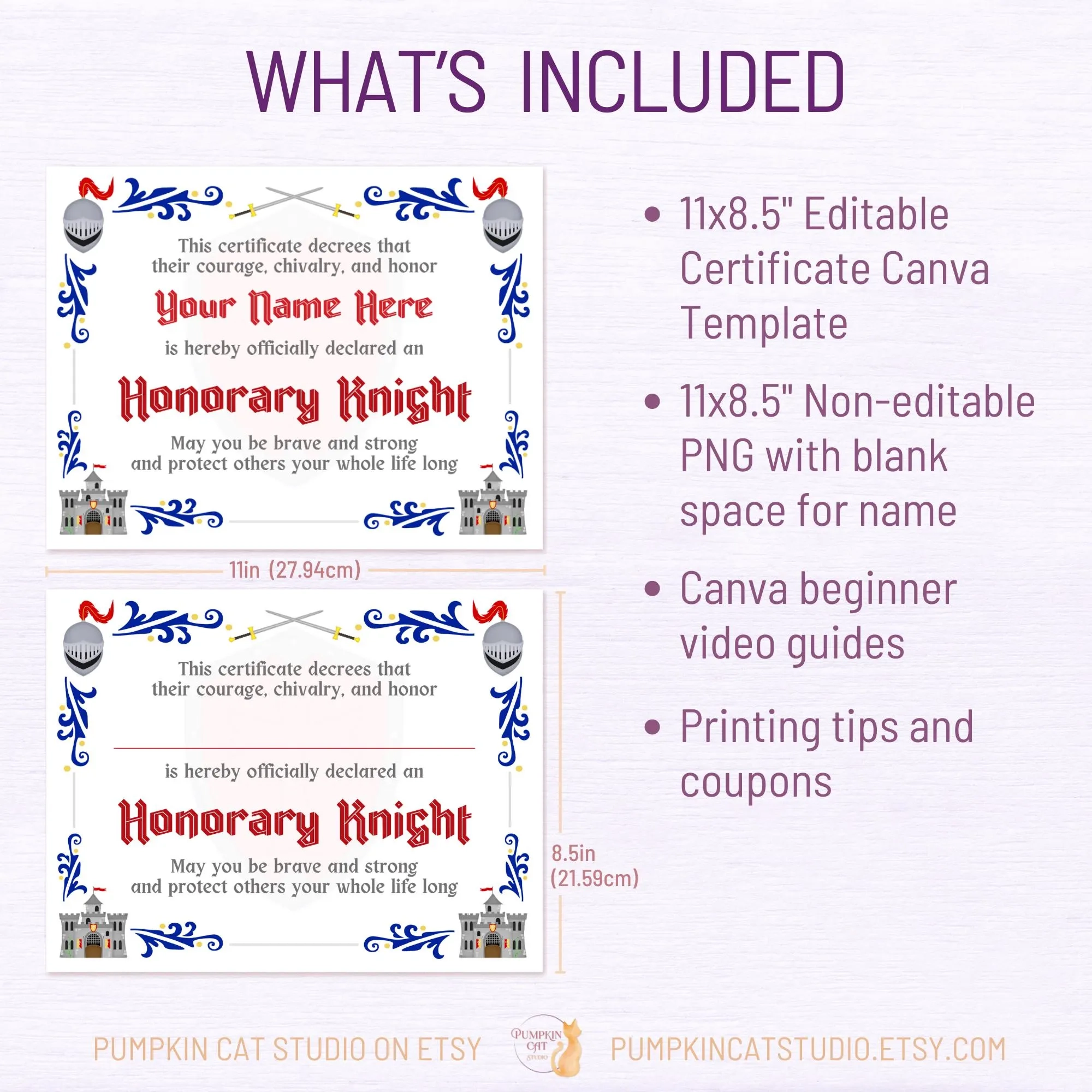 Knight Certificate 11x8 5 Editable Canva Template Personalized Printable Instant Download Custom Birthday Gift Party Favor Etsy