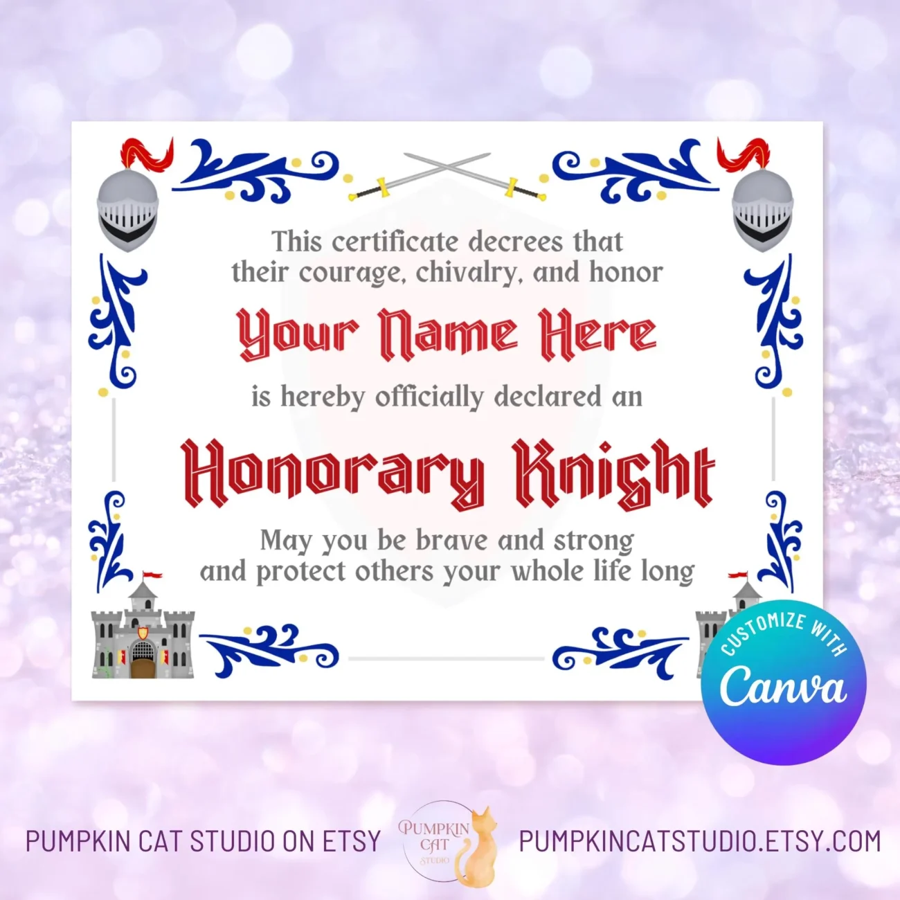 Knight Certificate 11x8 5 Editable Canva Template Personalized Printable Instant Download Custom Birthday Gift Party Favor Etsy