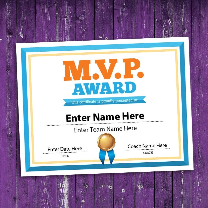 M V P Award Certificate MVP Sports Award Template Volleyball Basketball Softball Baseball Football Editable Personalize Etsy