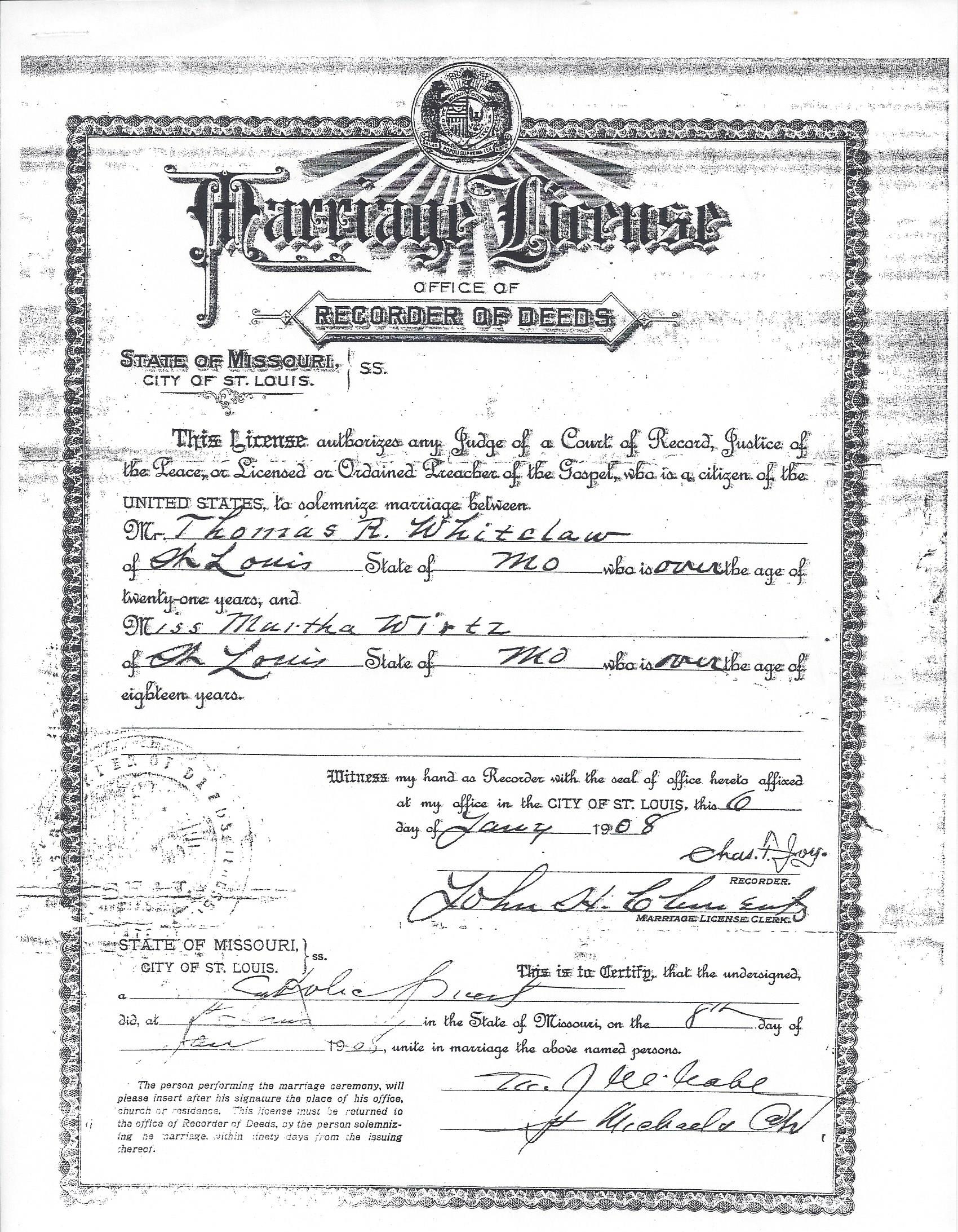 Marriage Lic And Cert Thomas Rees To Martha Wirtz The Heritage Lady