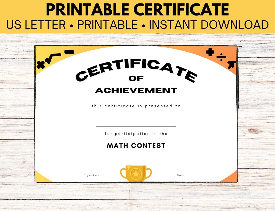 Printable Math Certificate Of Achievement