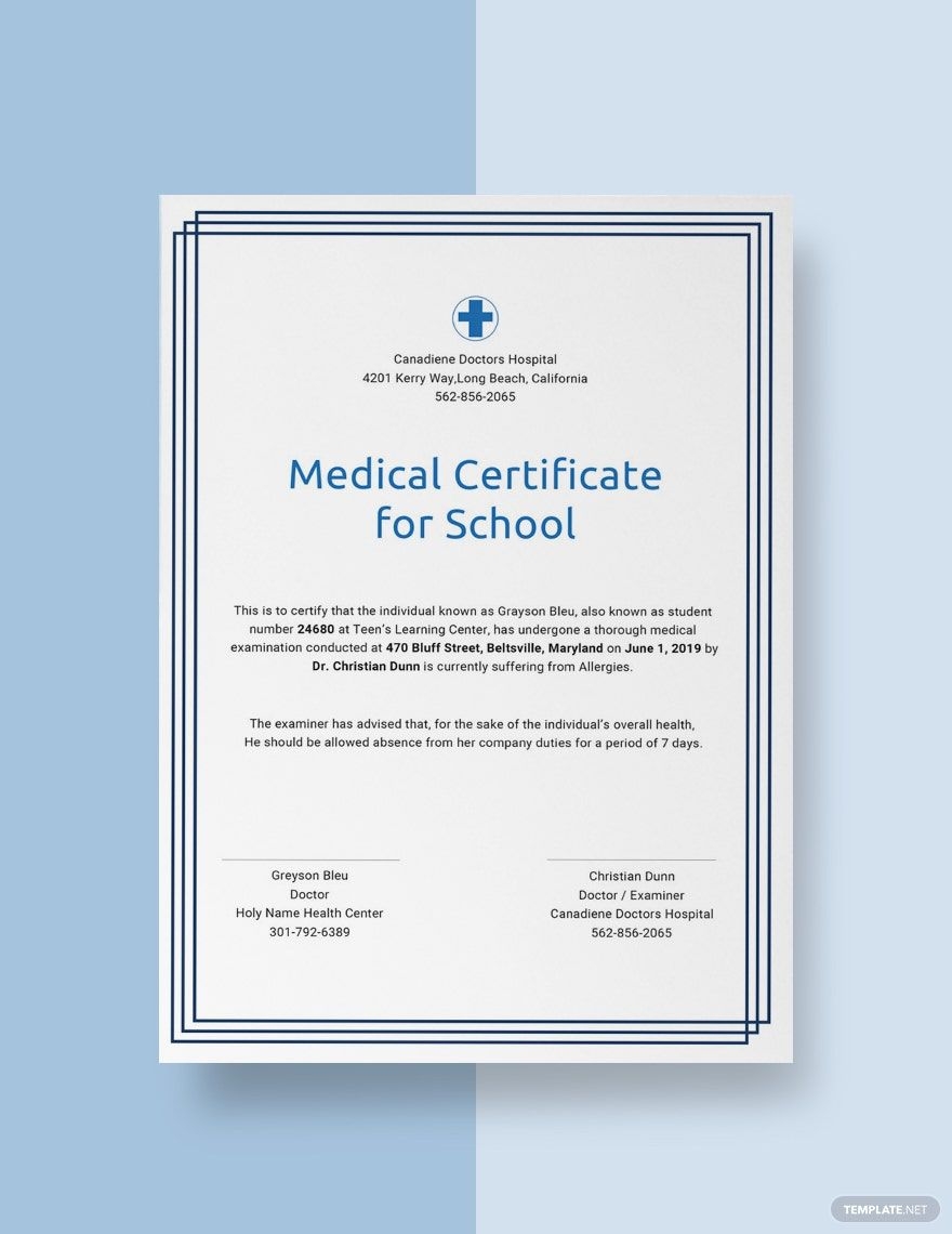 Medical Certificate For School Template In Photoshop Word Illustrator Publisher InDesign Pages Google Docs Download Template