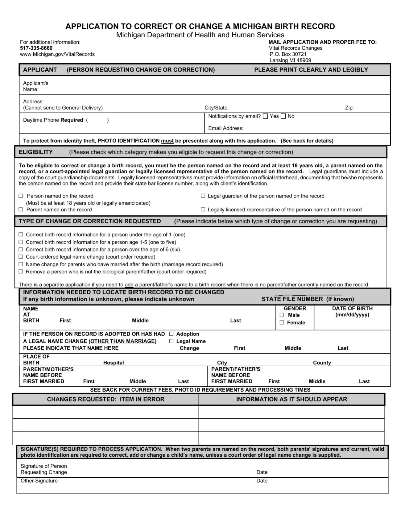 Michigan Application Birth PDF Form FormsPal