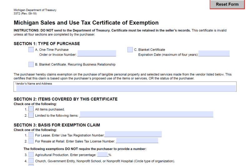 Michigan Resale Certificate Printable
