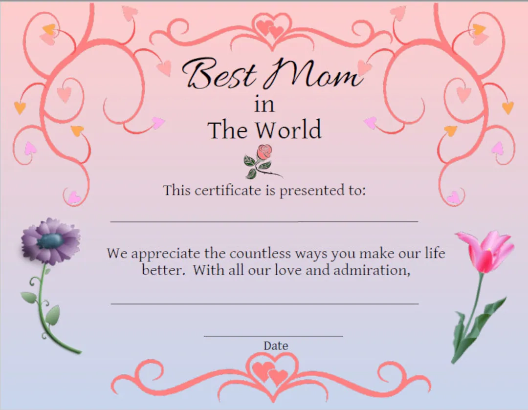 Mother s Day Award Certificate Best Mom Printable PDF Etsy