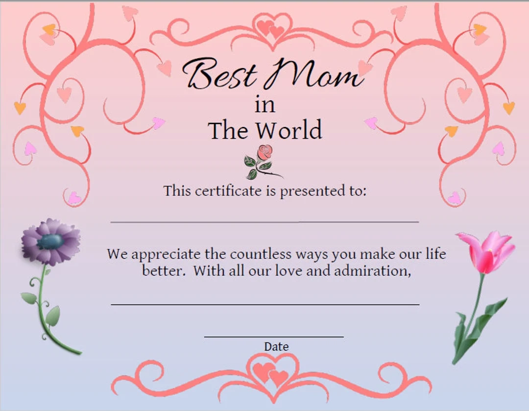 Mother s Day Award Certificate Best Mom Printable PDF Etsy