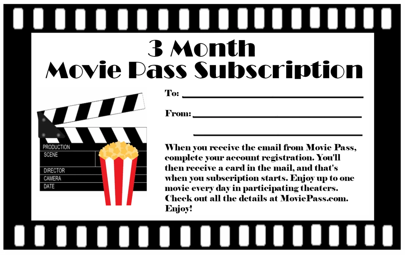 Movie Pass Gift Certificate Free Printable For Gift Subscriptions