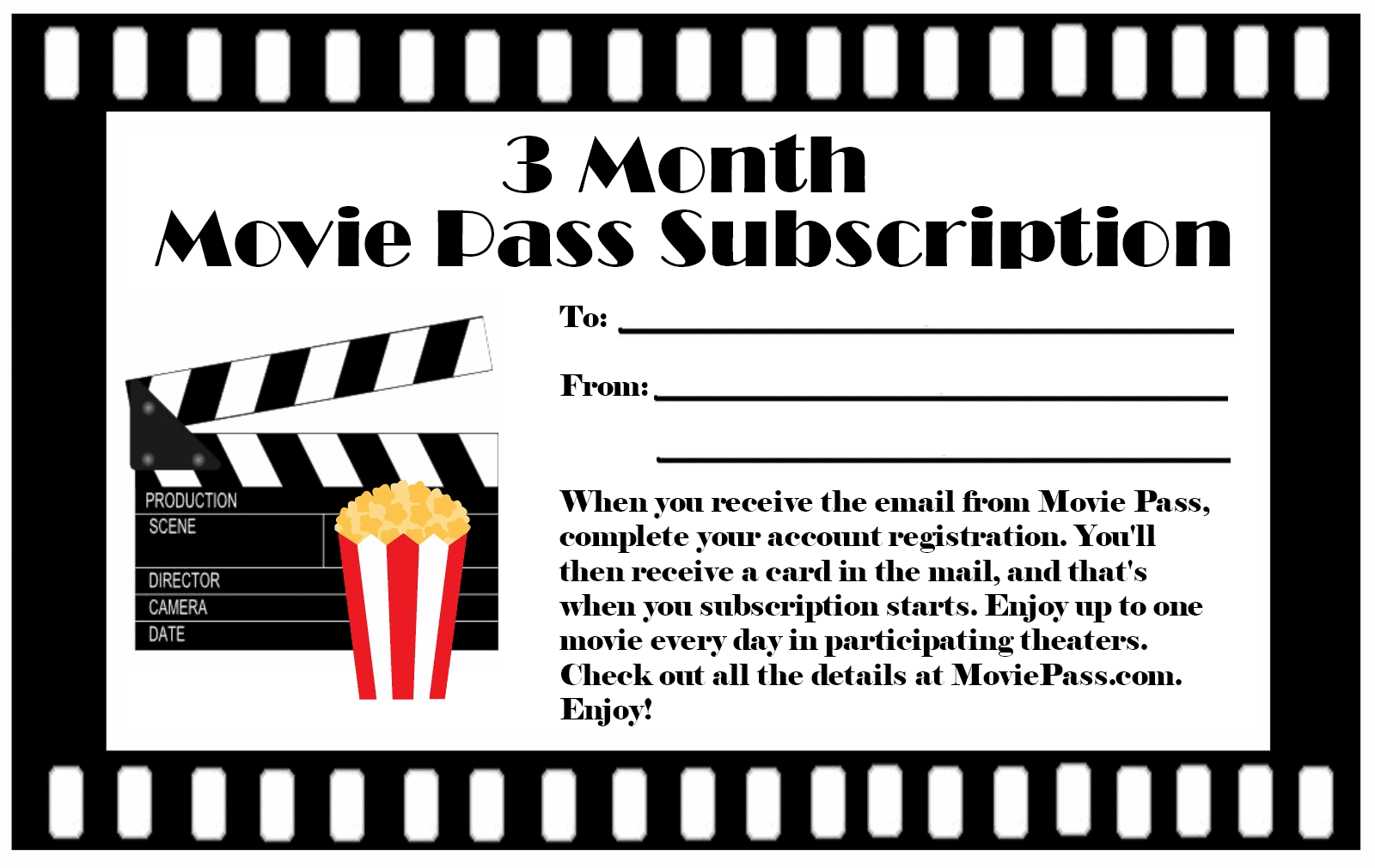 Movie Pass Gift Certificate Free Printable For Gift Subscriptions Movie Pass Gift Certificate Free Printable For Gift Subscriptions